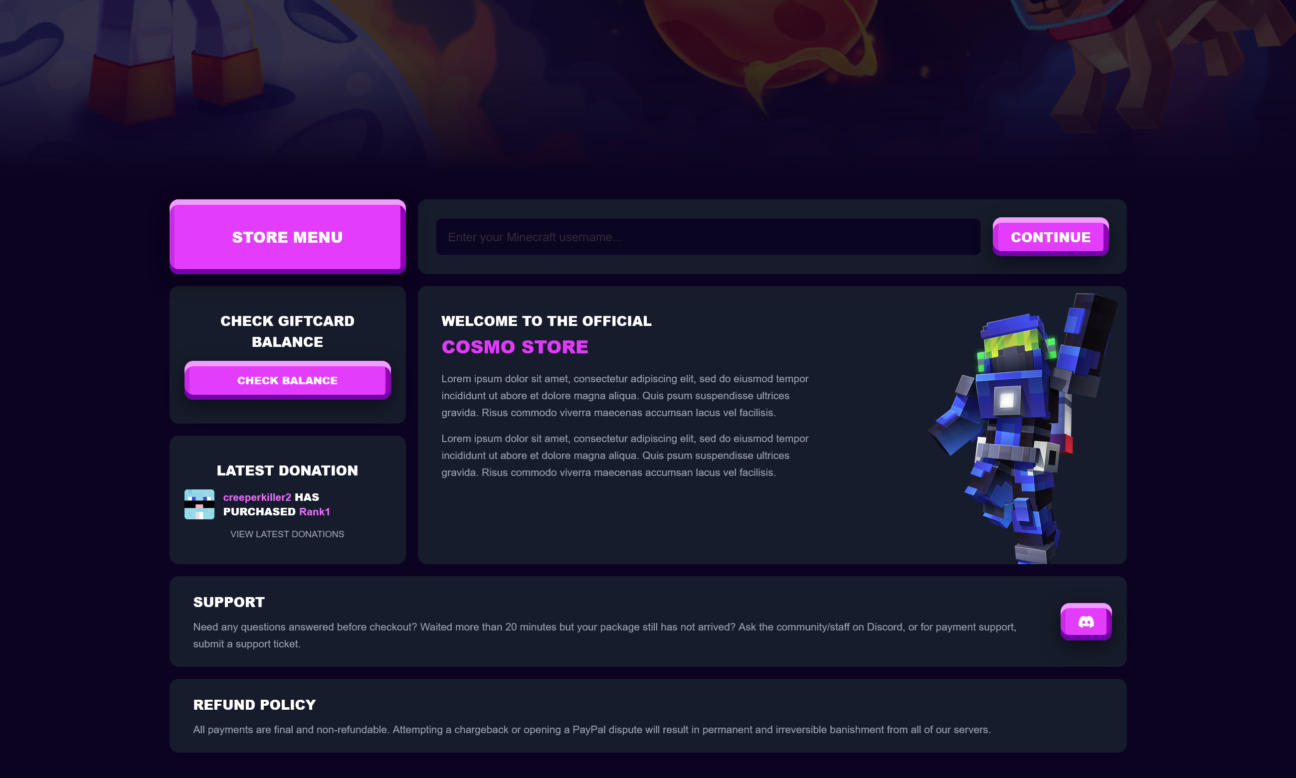 Cosmo store landing screen with username input and store menu.